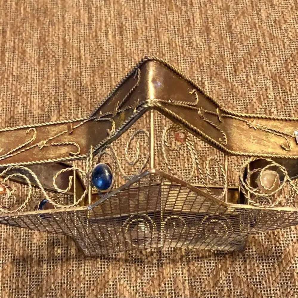 Pier 1 Gold Wired Blue White Amber Beads STAR Tray Basket Storage Decor 11